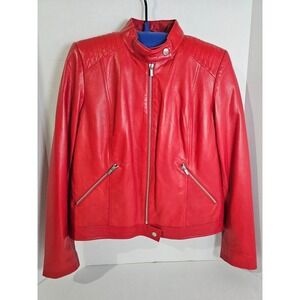 Womens Large Neiman Marcus Red Leather Motorcycle Moto Biker Jacket Cherrycore